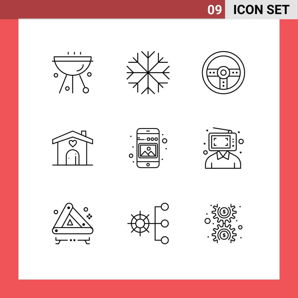 Group of 9 Modern Outlines Set for image wedding controller heart home Editable Vector Design Elements