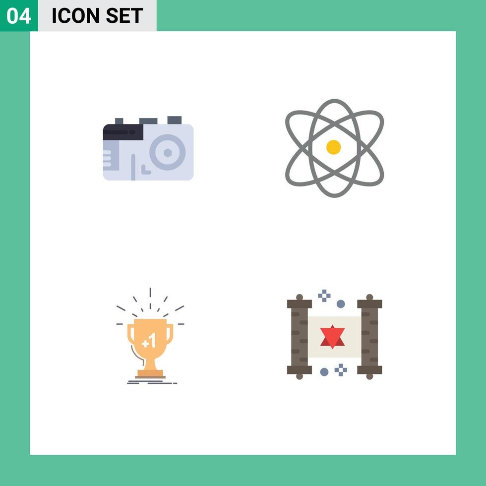 paquete de iconos planos de 4 símbolos universales de la cámara ganar átomo ciencia primeros elementos de diseño vectorial editables vector