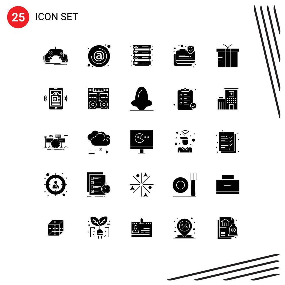 conjunto moderno de 25 glifos y símbolos sólidos, como protección de cajas, datos de correo electrónico, servidor seguro, elementos de diseño vectorial editables vector