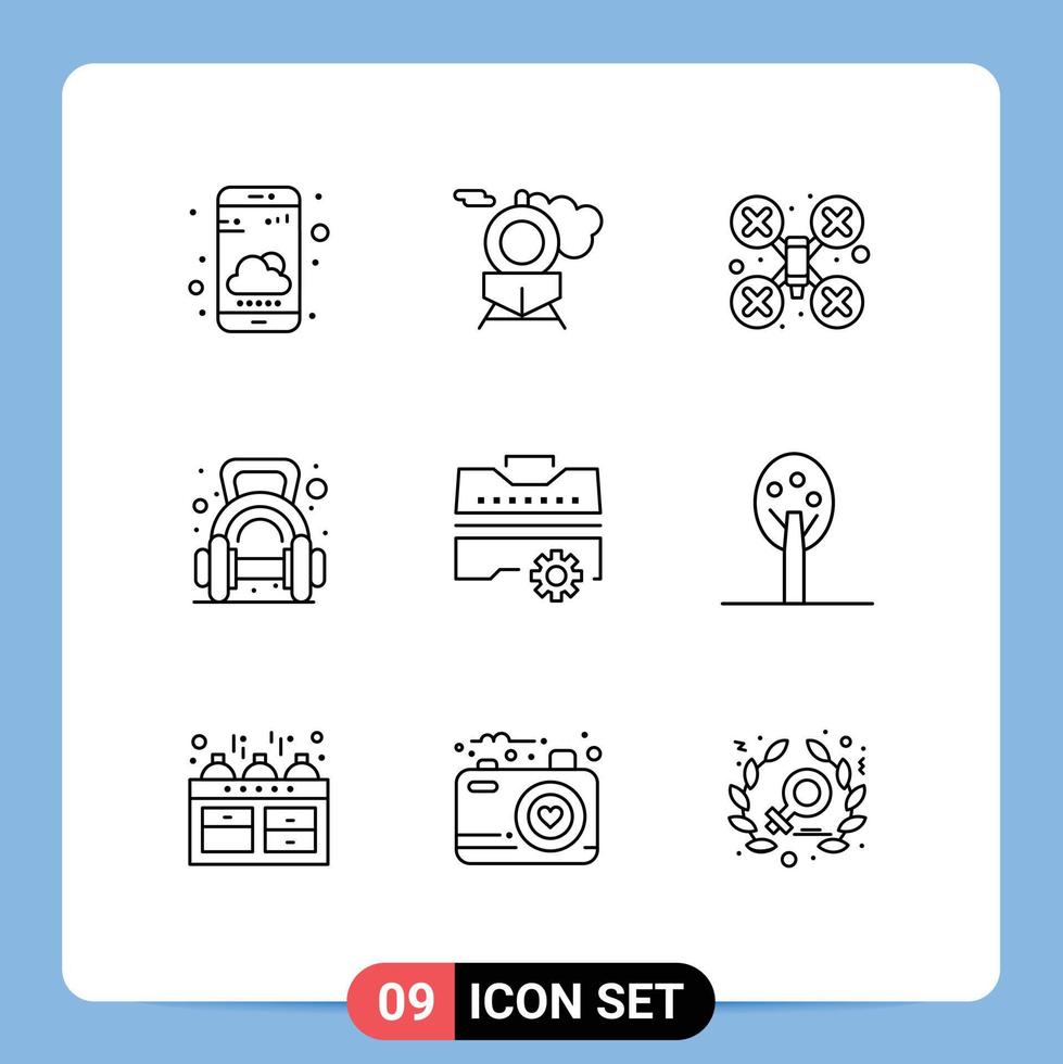 Modern Set of 9 Outlines and symbols such as set gym camera dumbbell fitness Editable Vector Design Elements