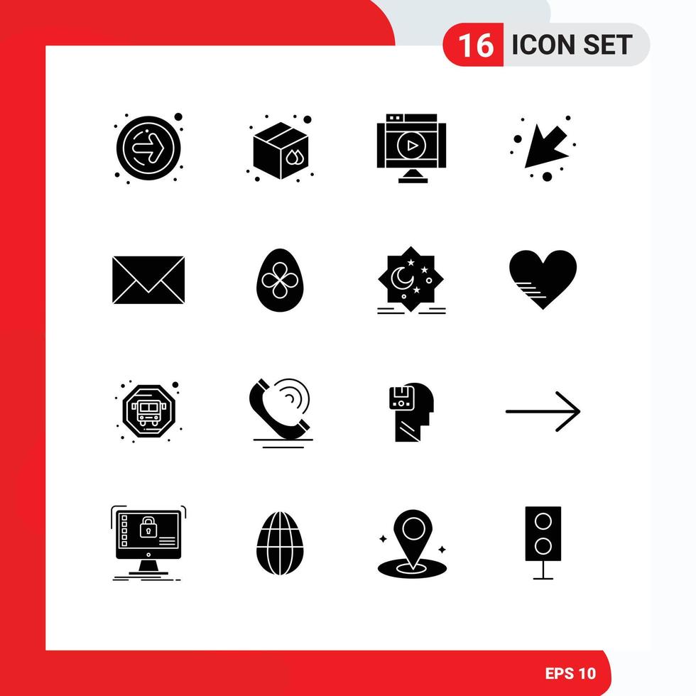 Group of 16 Modern Solid Glyphs Set for contact us communication movie left arrow Editable Vector Design Elements