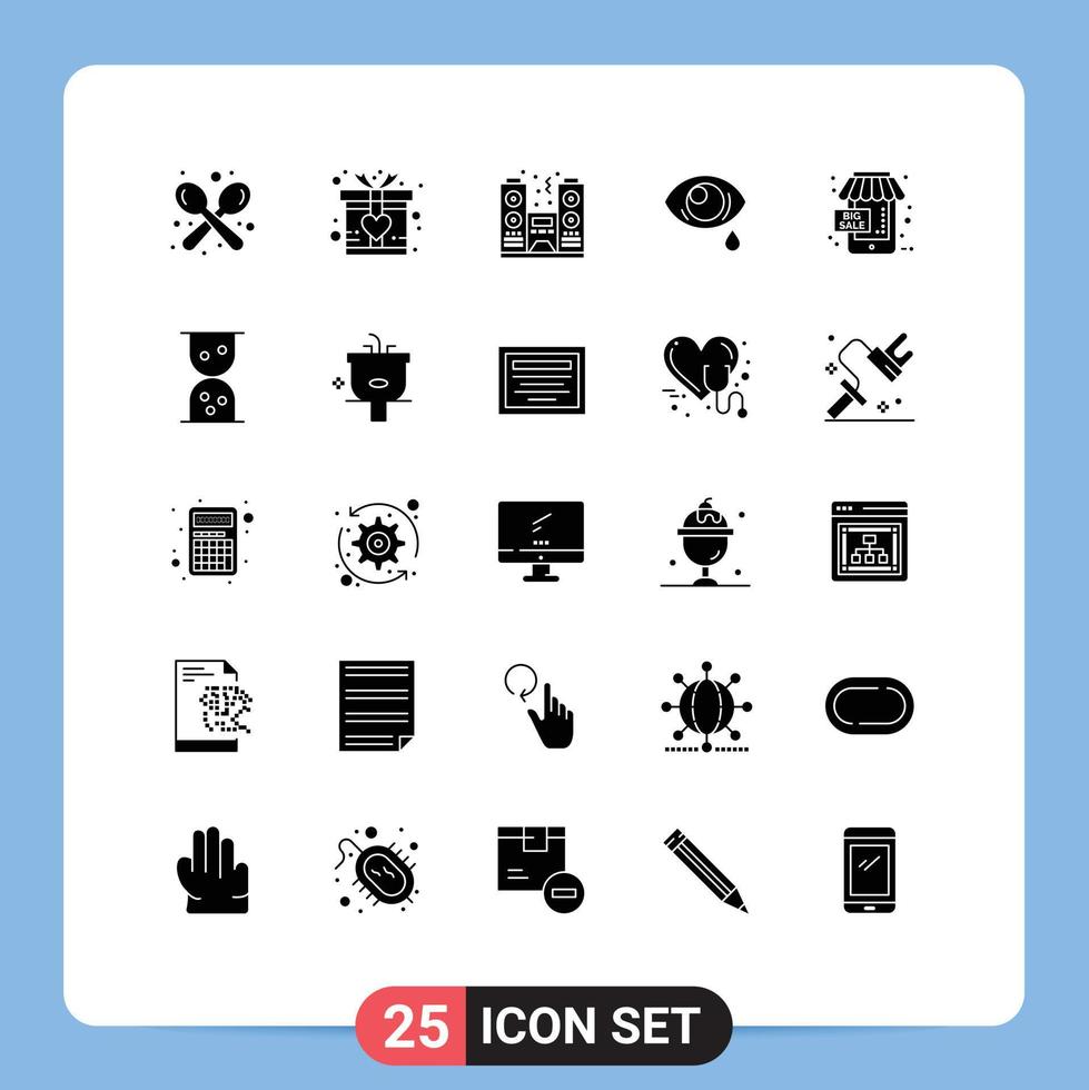 Set of 25 Commercial Solid Glyphs pack for black friday sad celebration eye eye Editable Vector Design Elements