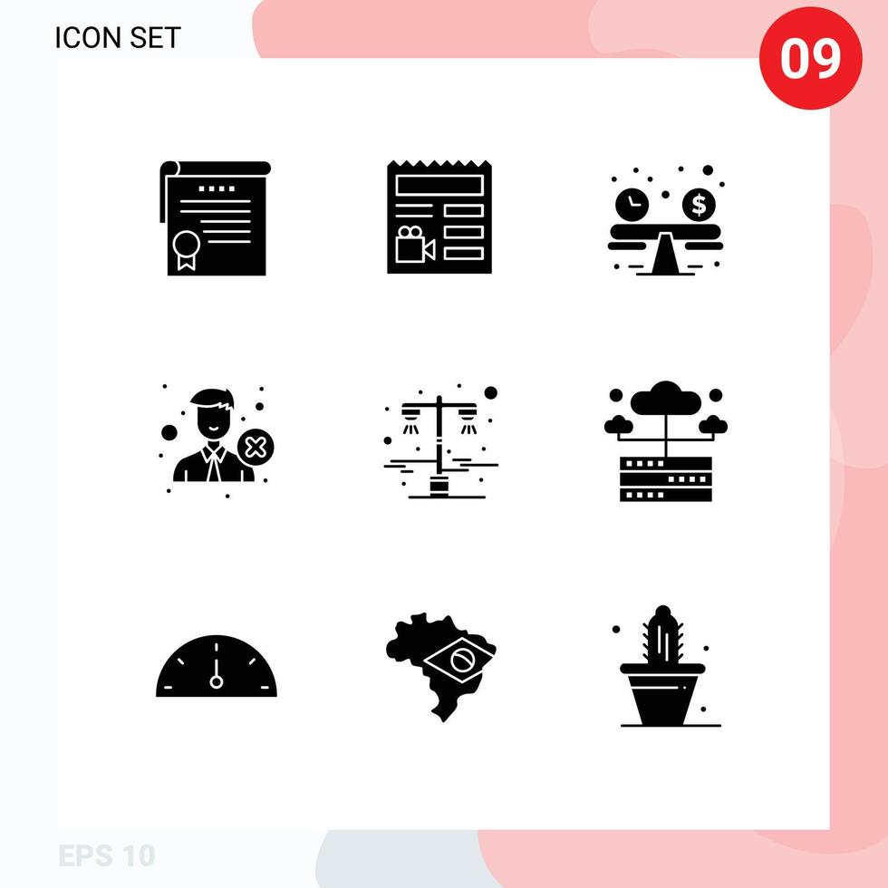 Mobile Interface Solid Glyph Set of 9 Pictograms of light reject balance recruitment employee Editable Vector Design Elements