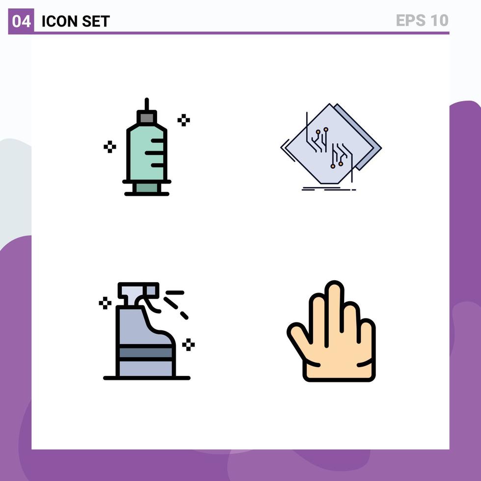paquete de 4 signos y símbolos de colores planos de línea de relleno modernos para medios de impresión web, como elementos de diseño de vectores editables de detergente de circuito de jeringa de pulverización química
