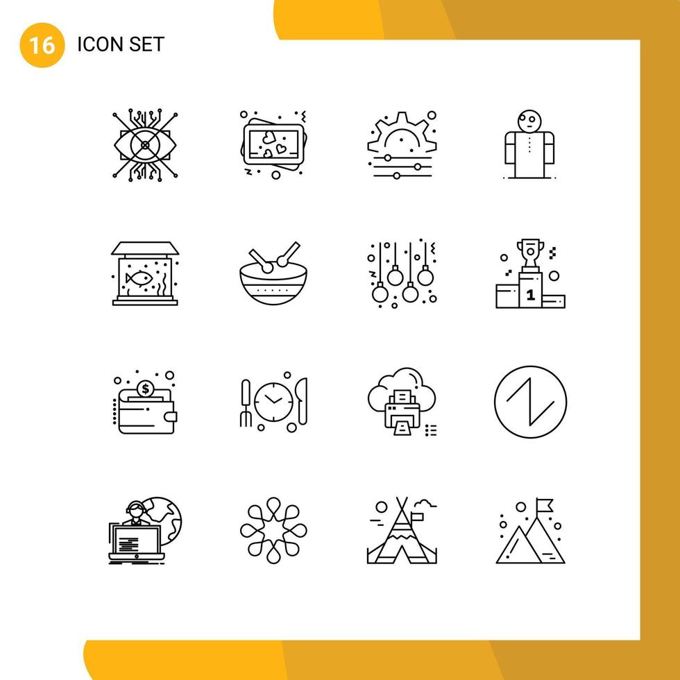 User Interface Pack of 16 Basic Outlines of fish home creative person hands Editable Vector Design Elements