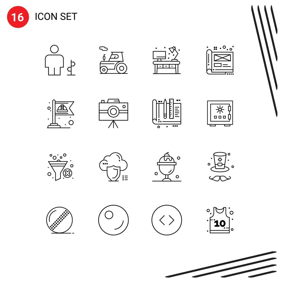 Pack of 16 creative Outlines of file design truck creative desk Editable Vector Design Elements