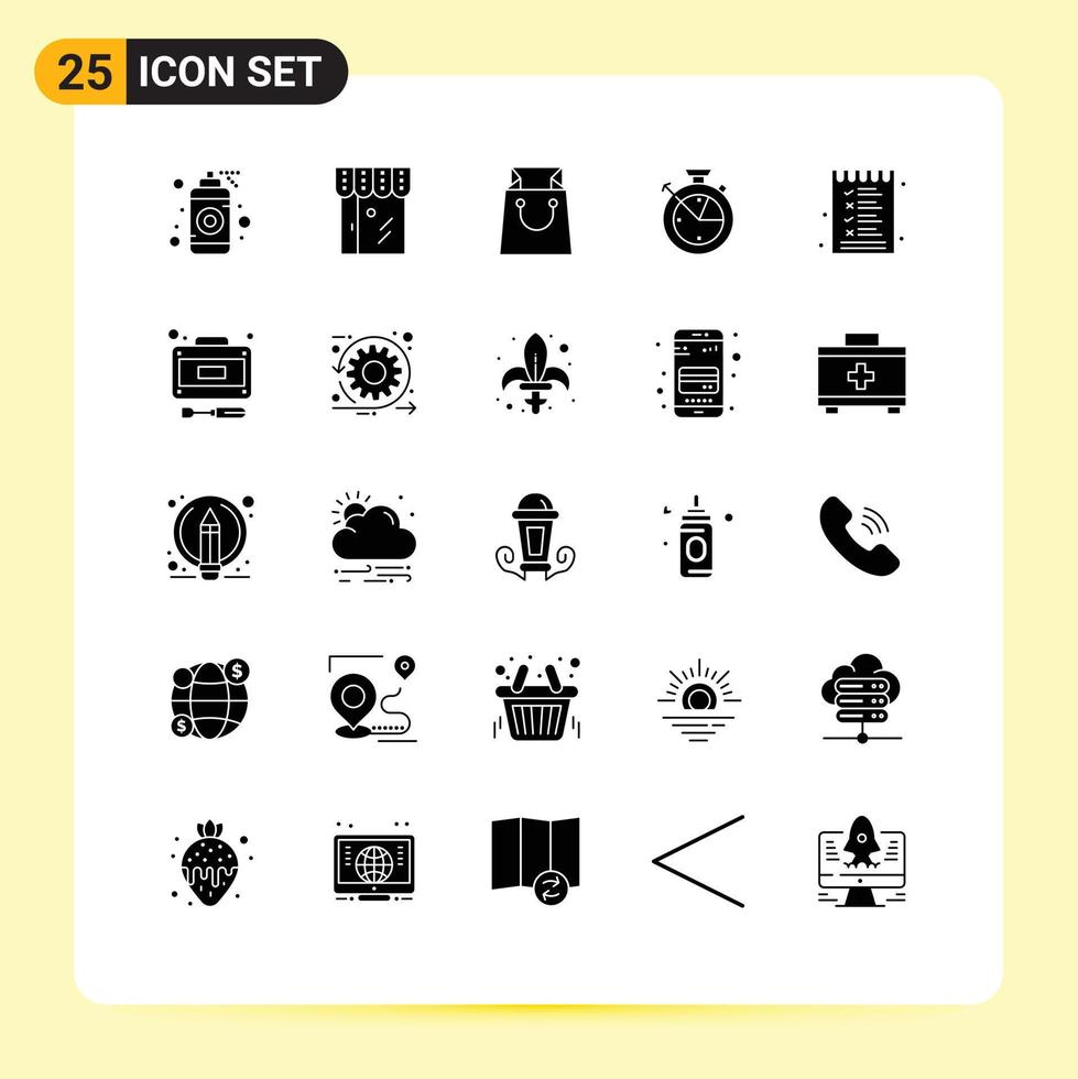 25 User Interface Solid Glyph Pack of modern Signs and Symbols of list data scince shopping clock measure Editable Vector Design Elements