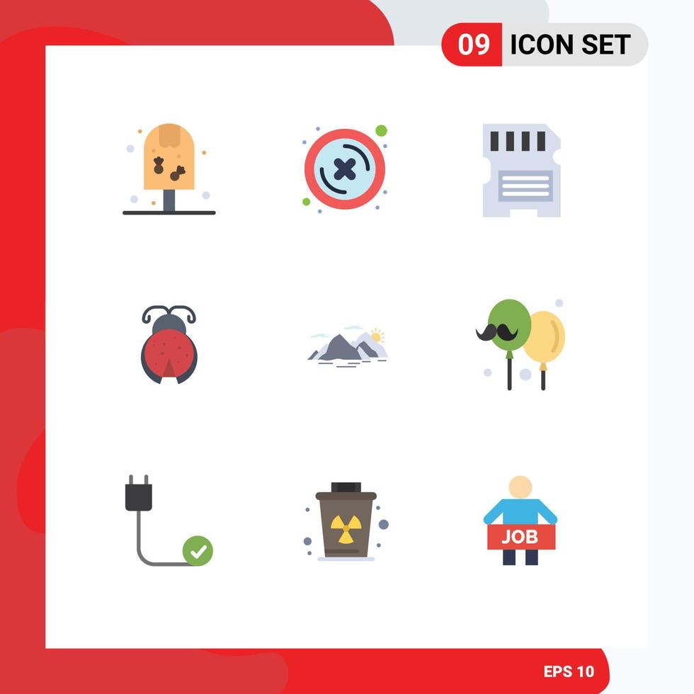User Interface Pack of 9 Basic Flat Colors of hill spring card ladybug bug Editable Vector Design Elements
