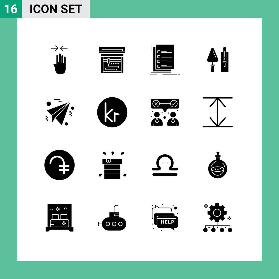 Pack of 16 creative Solid Glyphs of plane tool list masonry brickwork Editable Vector Design Elements