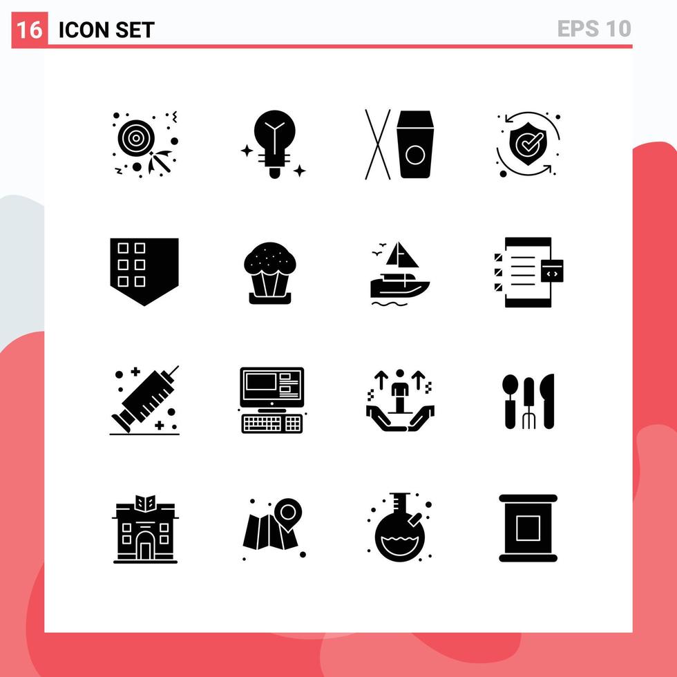 Group of 16 Modern Solid Glyphs Set for cake security food protect shield Editable Vector Design Elements
