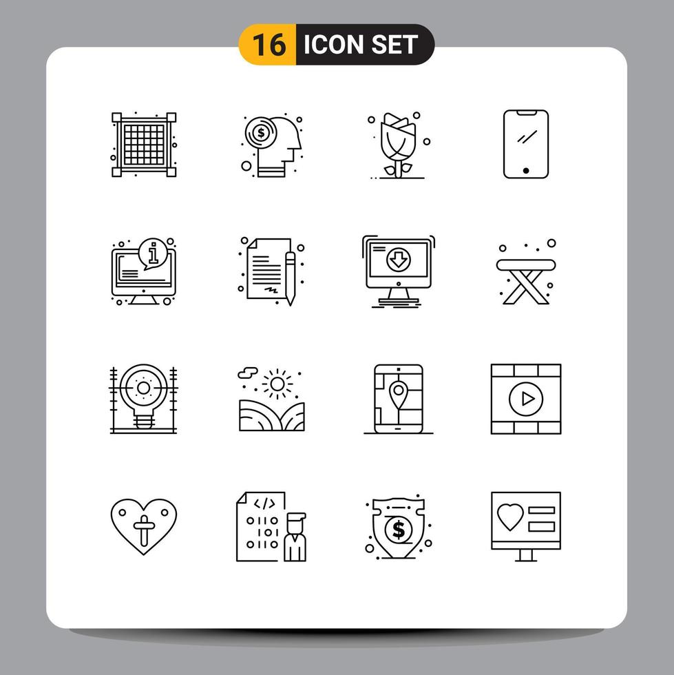 Mobile Interface Outline Set of 16 Pictograms of system android floral mobile phone Editable Vector Design Elements