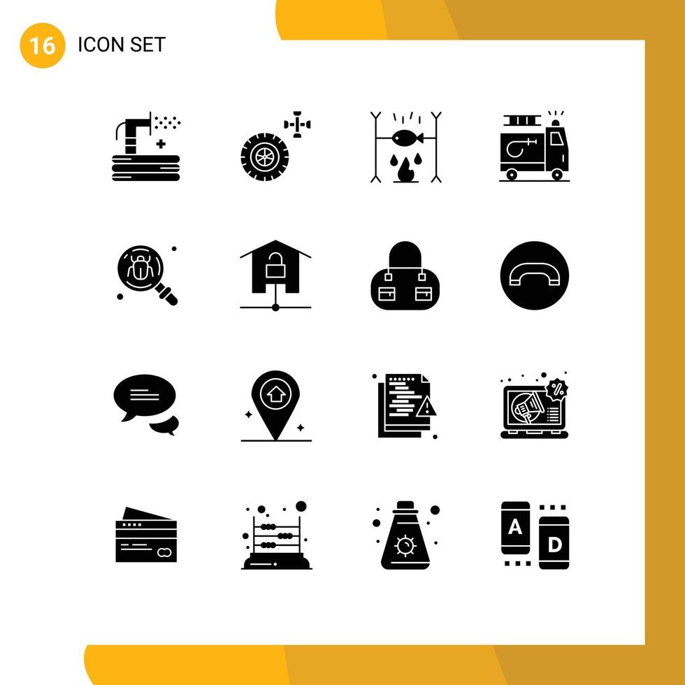 16 Solid Glyph concept for Websites Mobile and Apps bug accident dinner car firefighter Editable Vector Design Elements