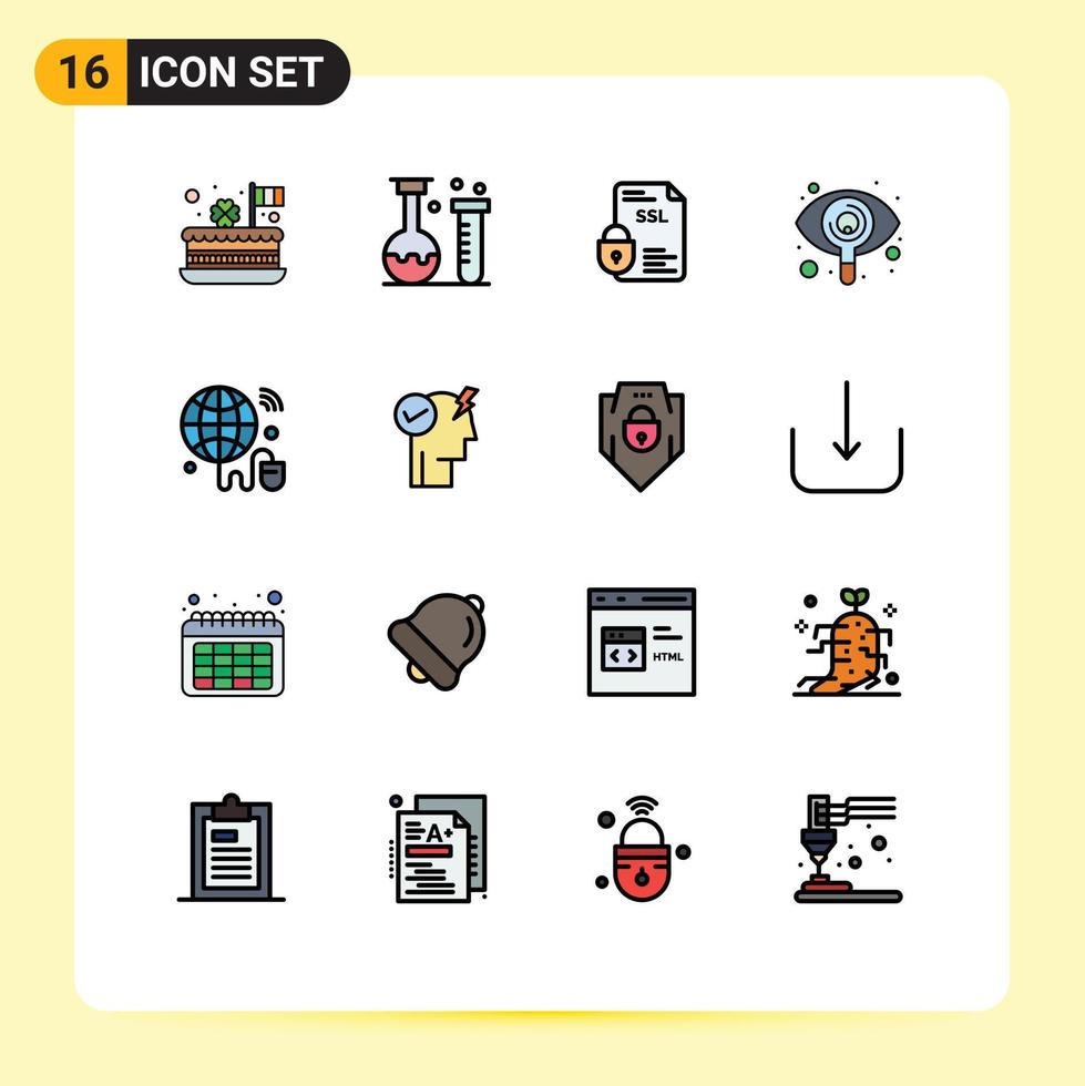 Pack of 16 Modern Flat Color Filled Lines Signs and Symbols for Web Print Media such as seen eye laboratory ssl document Editable Creative Vector Design Elements