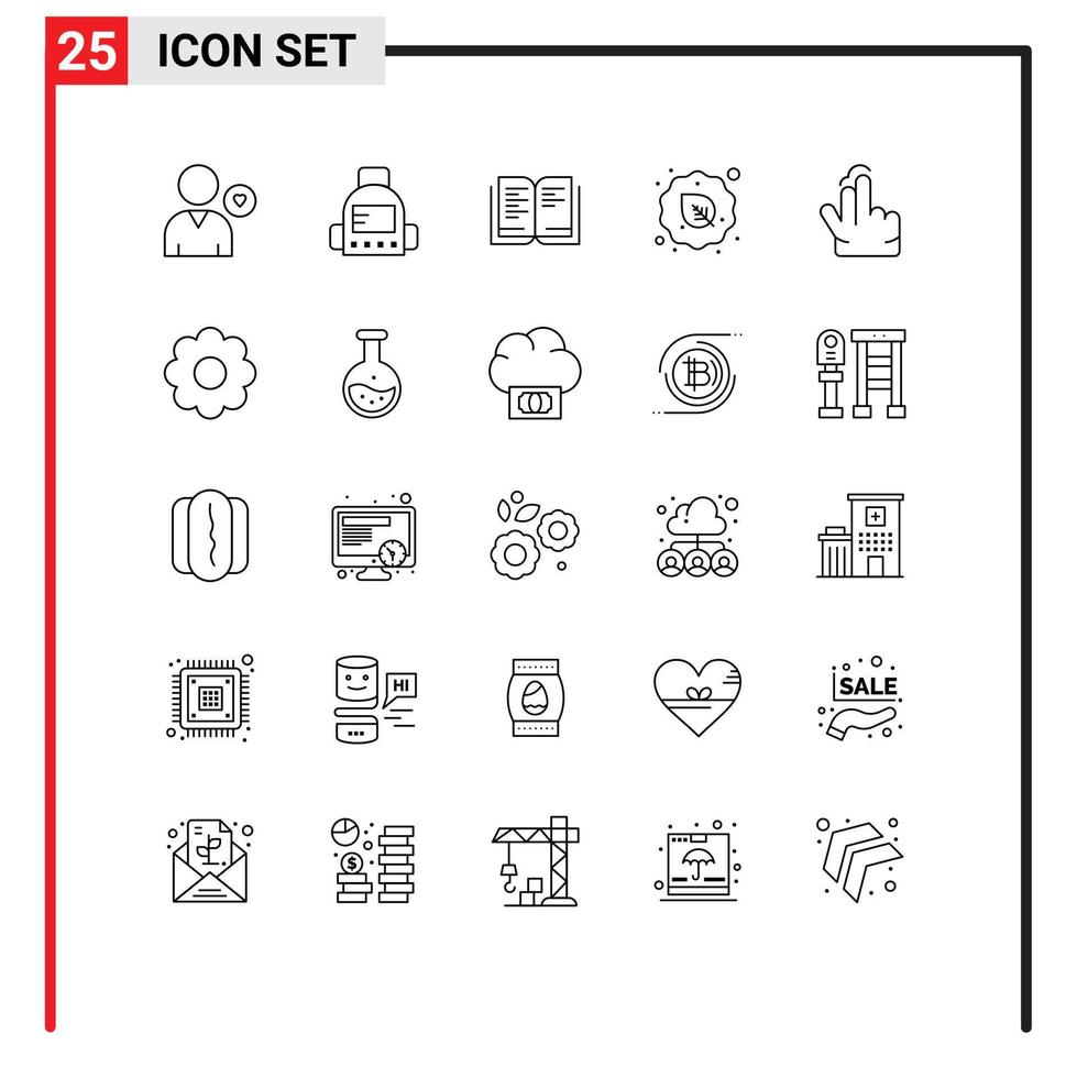 Group of 25 Lines Signs and Symbols for gesture vegetarian book vegan leaf Editable Vector Design Elements