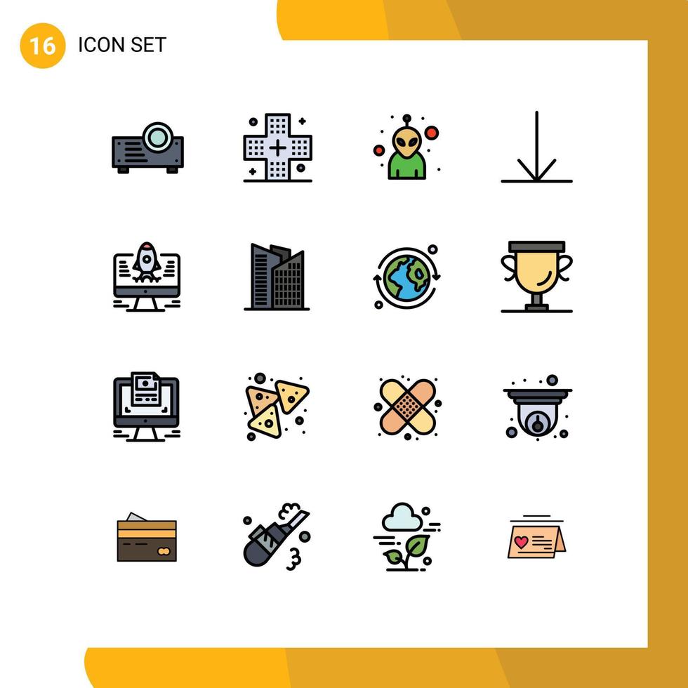 paquete de iconos de vectores de stock de 16 signos y símbolos de línea para el inicio de la oficina cohete alienígena hacia abajo elementos de diseño de vectores creativos editables