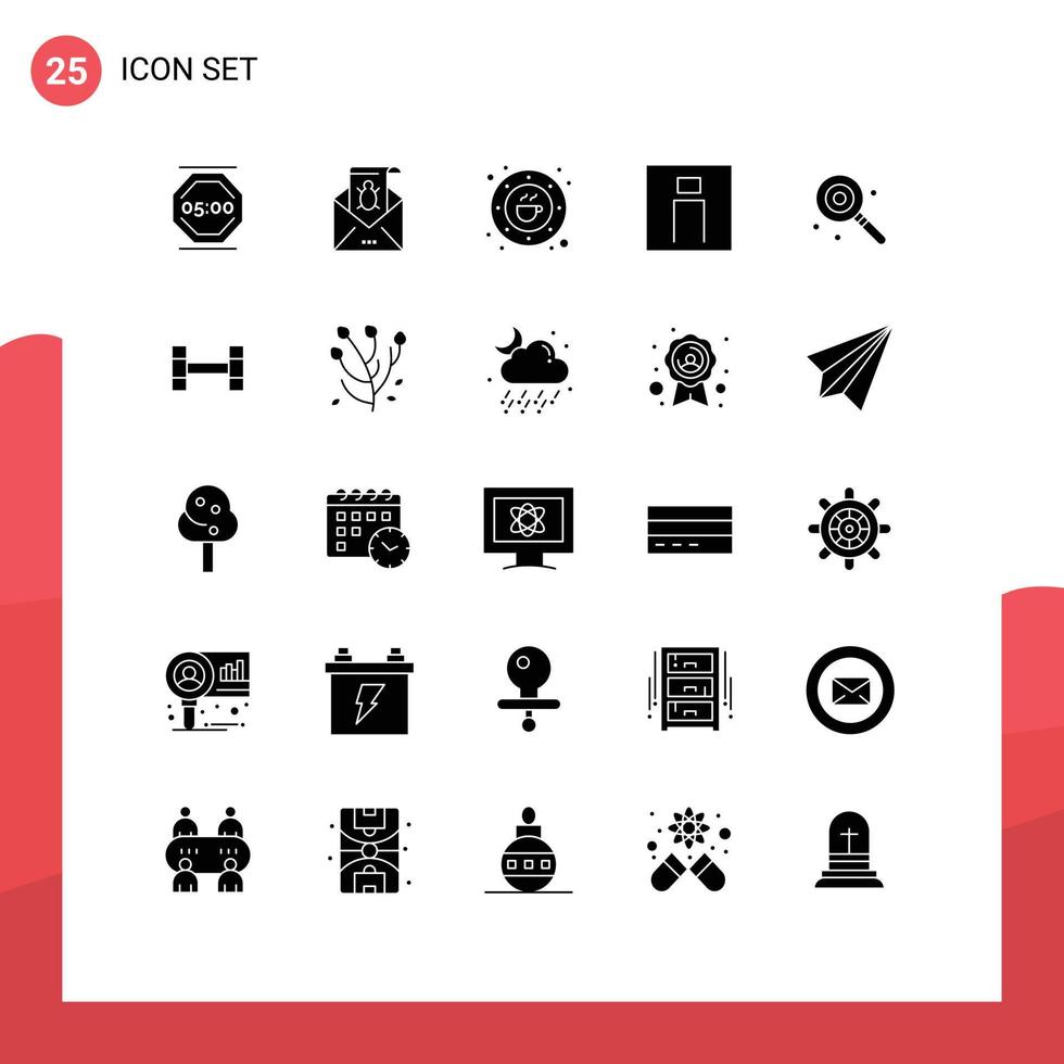 Set of 25 Vector Solid Glyphs on Grid for plate coffee email cafe virus Editable Vector Design Elements