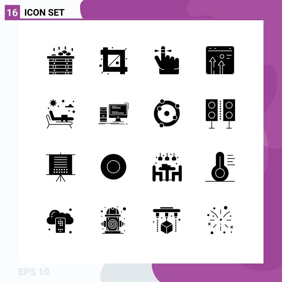 Group of 16 Modern Solid Glyphs Set for water sunbed keep growth business Editable Vector Design Elements