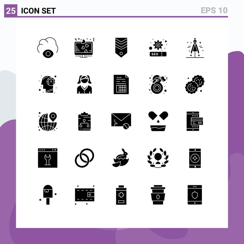 Modern Set of 25 Solid Glyphs and symbols such as divider setting badge seo tag Editable Vector Design Elements