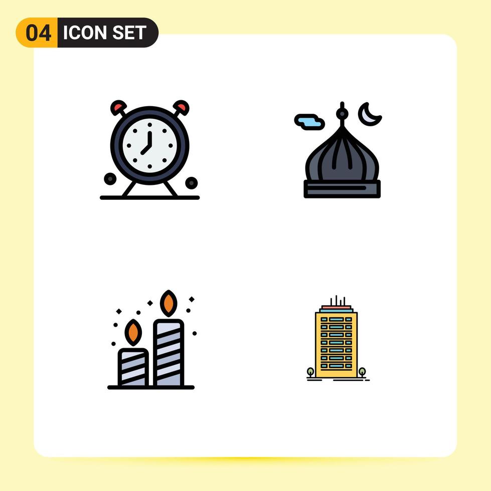 Filledline Flat Color Pack of 4 Universal Symbols of alarm pray time masjid candle Editable Vector Design Elements