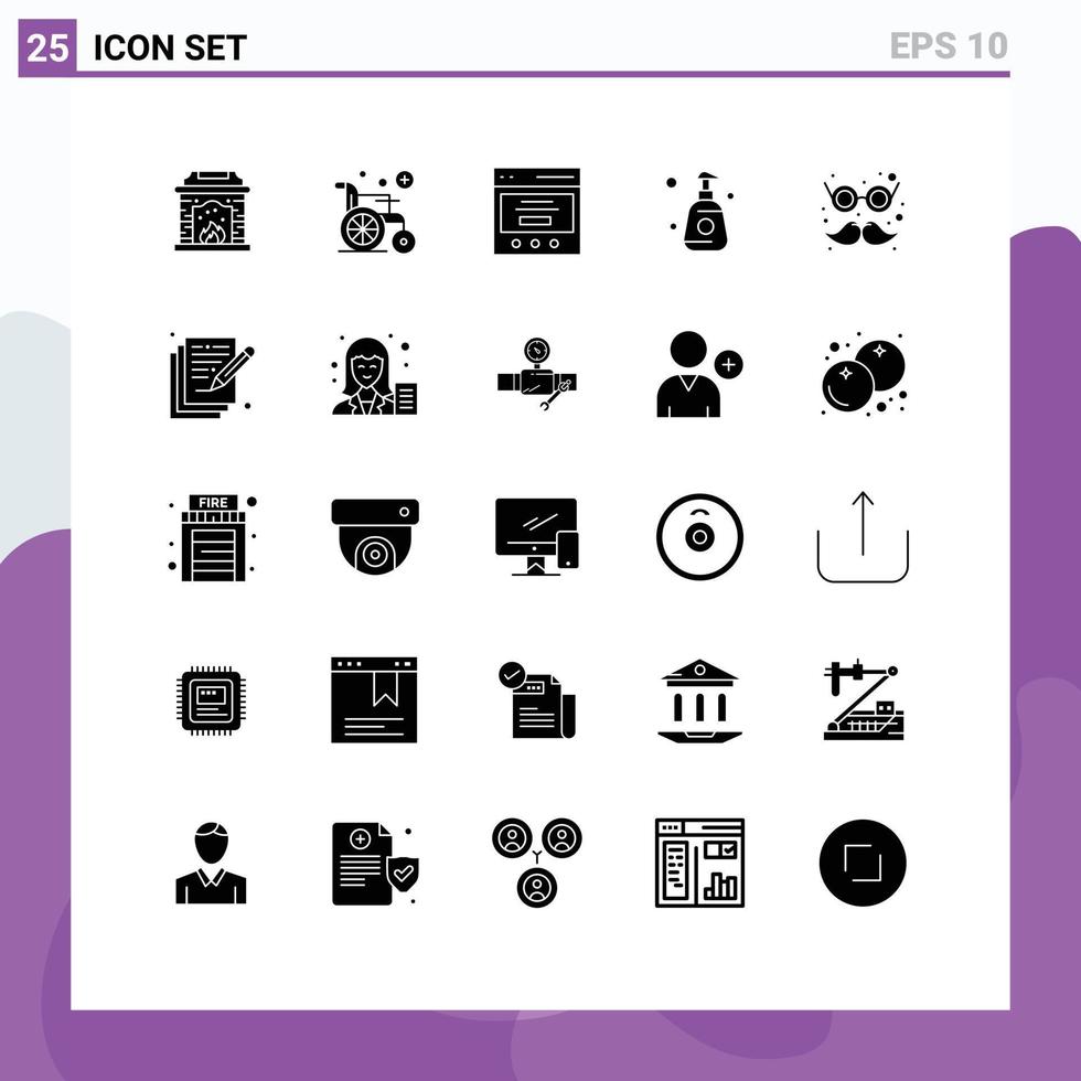 Universal Icon Symbols Group of 25 Modern Solid Glyphs of moustache carnival slider glasses spray Editable Vector Design Elements