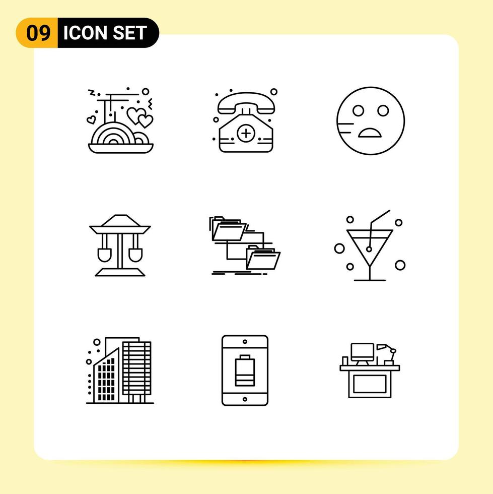 9 User Interface Outline Pack of modern Signs and Symbols of management folder sad balance well Editable Vector Design Elements
