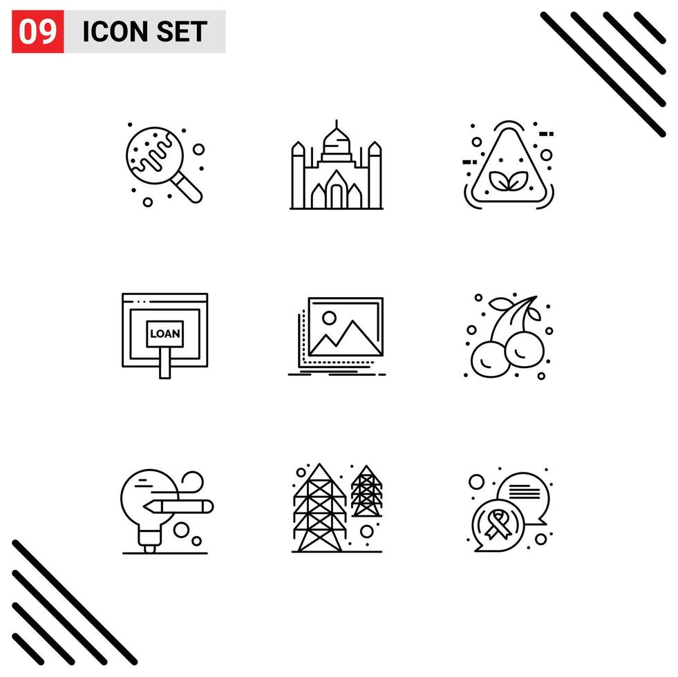 Modern Set of 9 Outlines Pictograph of gallery money eco loan credit Editable Vector Design Elements