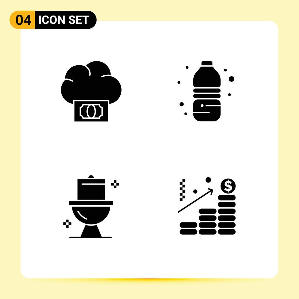 Pack of 4 Modern Solid Glyphs Signs and Symbols for Web Print Media such as budget cleaning money water bottle washroom Editable Vector Design Elements