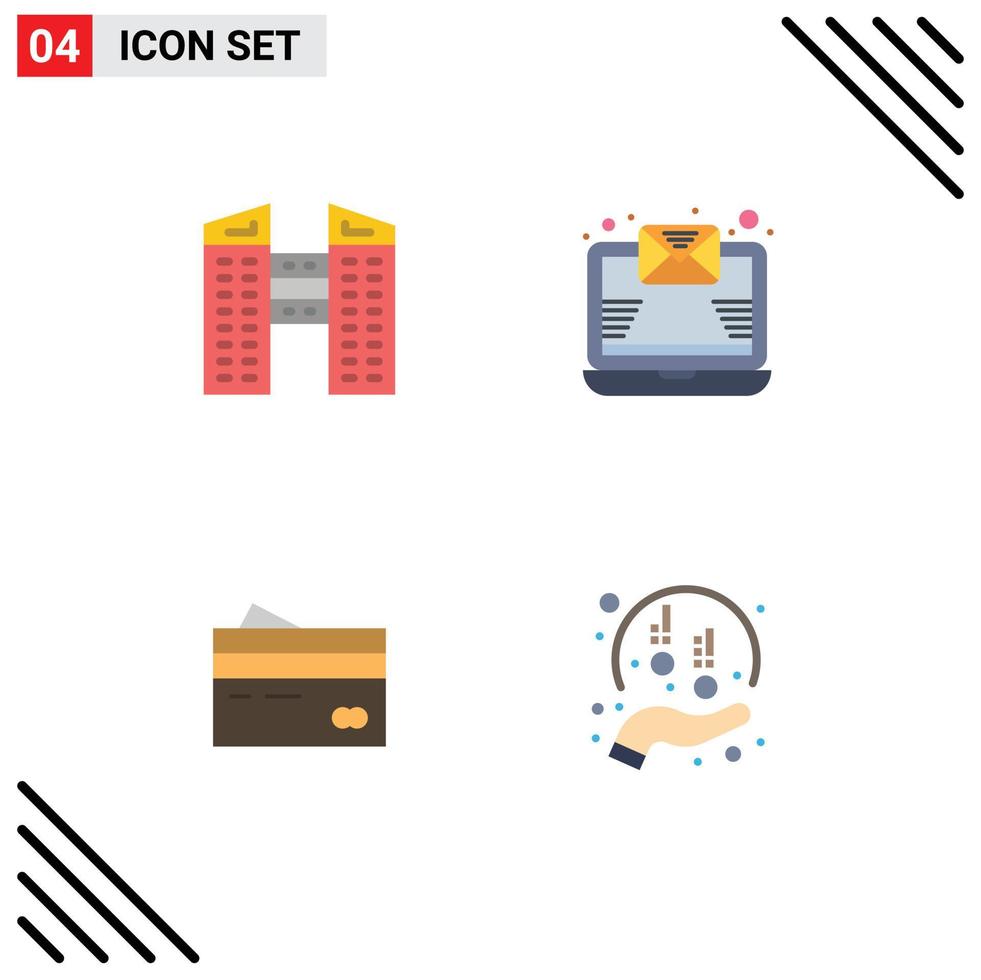 conjunto de pictogramas de 4 iconos planos simples de tarjetas de edificios correo electrónico tarjeta de crédito finanzas elementos de diseño vectorial editables vector