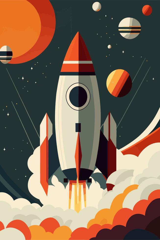 Space ship Rocket launch in the sky flying over clouds vector illustration