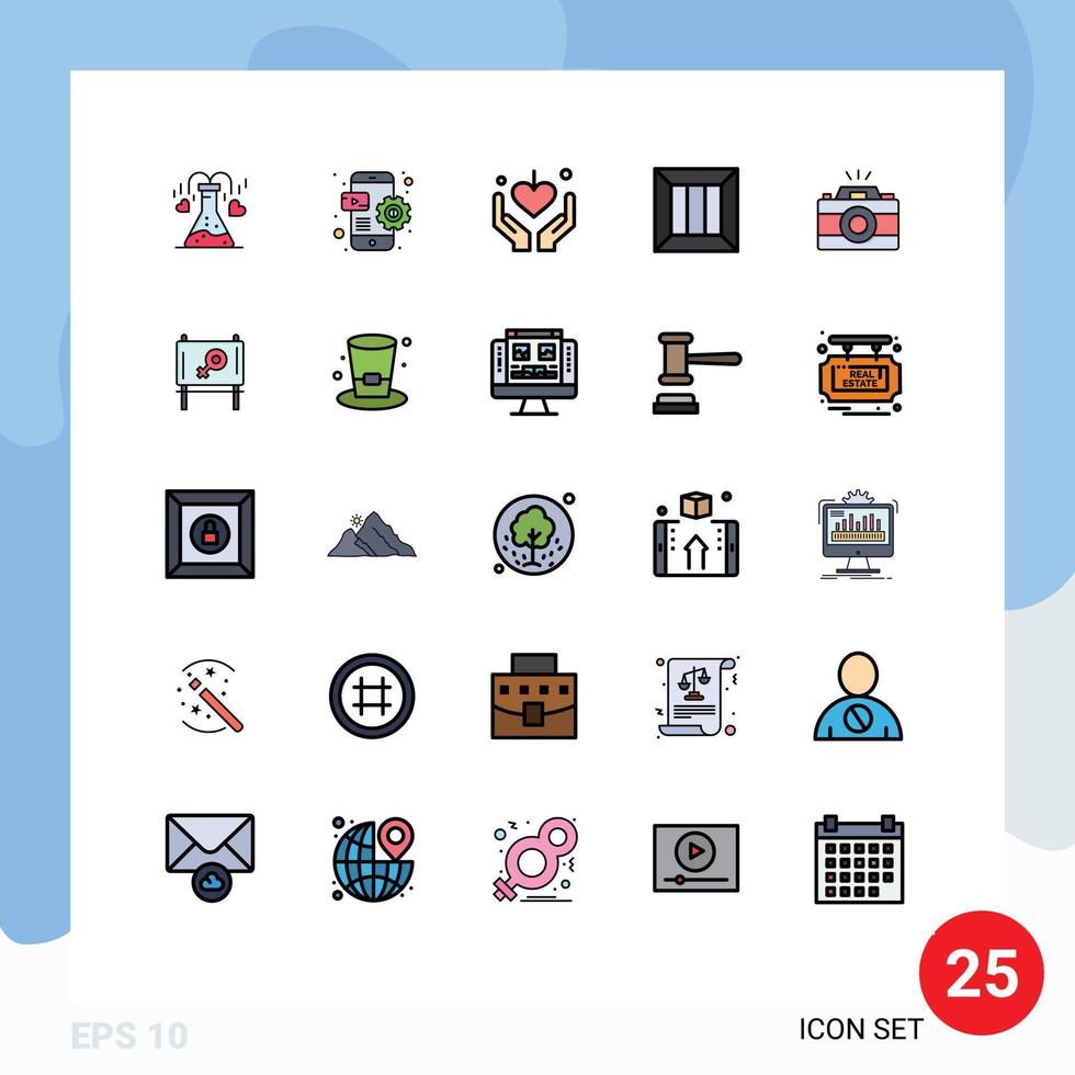 Filled line Flat Color Pack of 25 Universal Symbols of camera logistic hands delivery box Editable Vector Design Elements