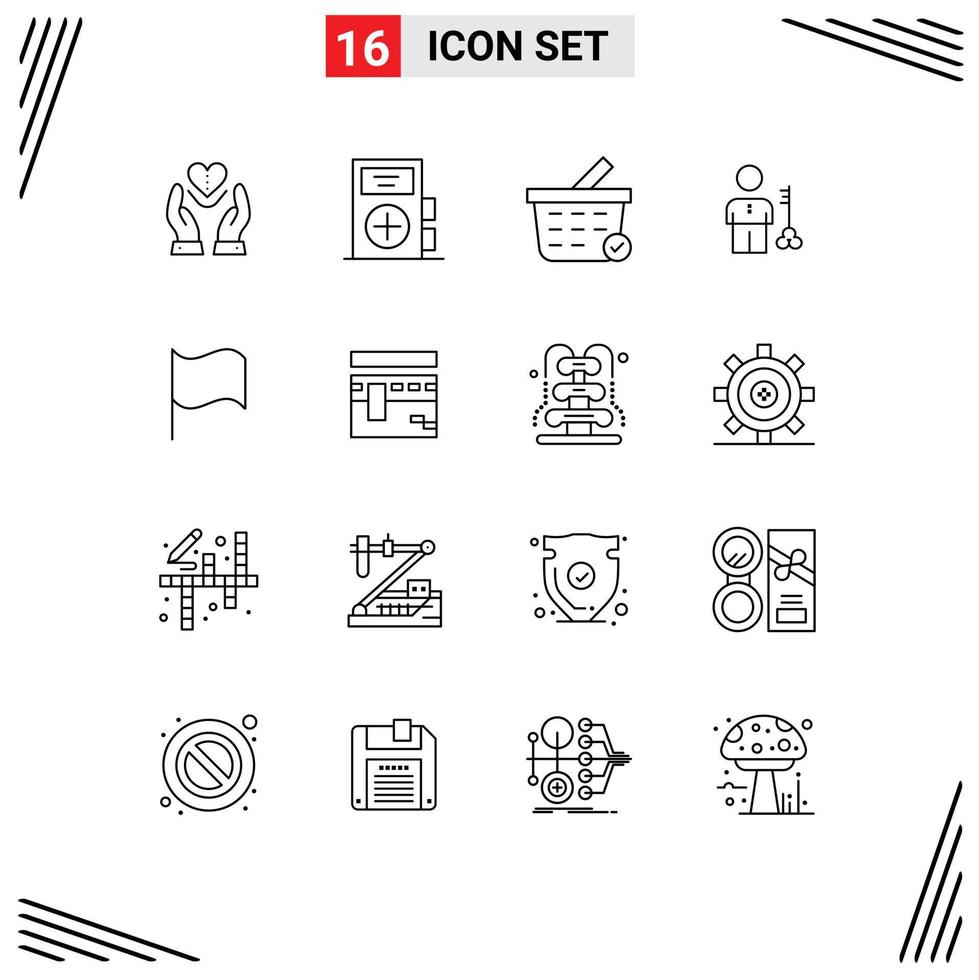 Group of 16 Outlines Signs and Symbols for person lock health key shopping cart Editable Vector Design Elements