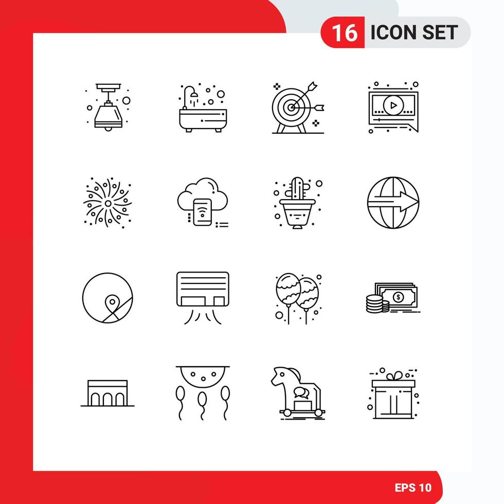Modern Set of 16 Outlines Pictograph of work fire arrow video chat Editable Vector Design Elements