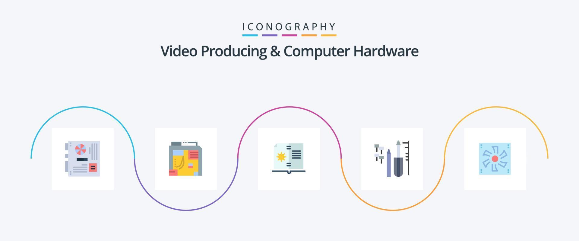 Video Producing And Computer Hardware Flat 5 Icon Pack Including cooler fan. engineering. computer. custom. instruction vector