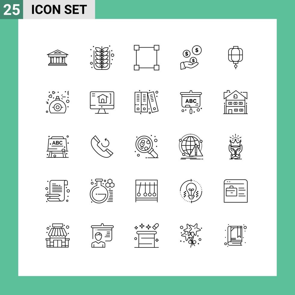 Pictogram Set of 25 Simple Lines of lantern dollar nature hand rectangle Editable Vector Design Elements