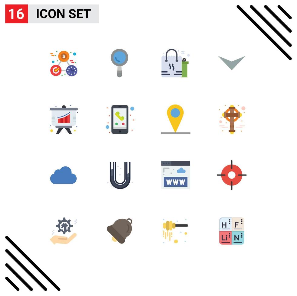 Modern Set of 16 Flat Colors Pictograph of presentation analysis bag next arrow Editable Pack of Creative Vector Design Elements