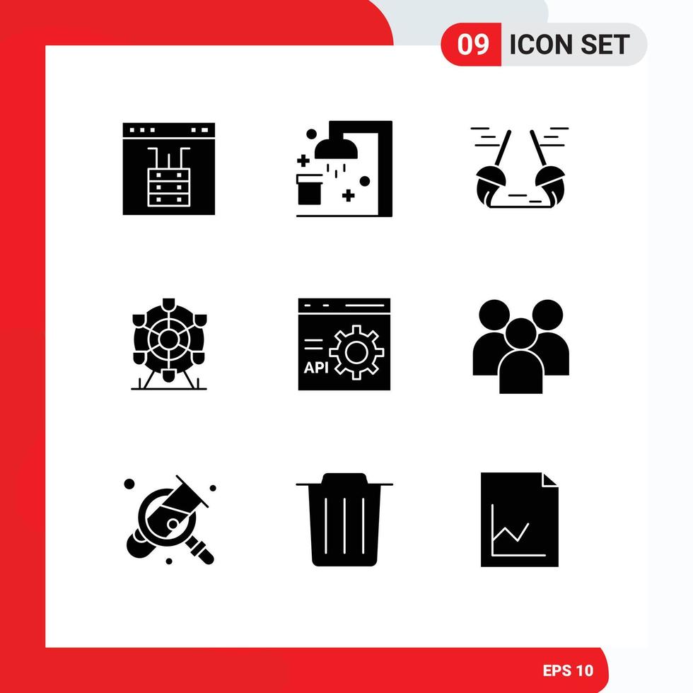 Universal Icon Symbols Group of 9 Modern Solid Glyphs of browser wheel sport park sweep Editable Vector Design Elements