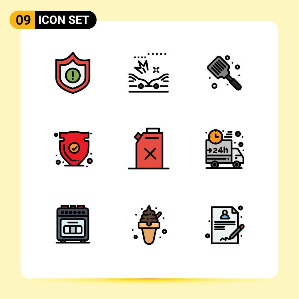 grupo de 9 signos y símbolos de colores planos de línea de llenado para el combustible verificar elementos de diseño vectorial editables del escudo de confianza de la cocina vector