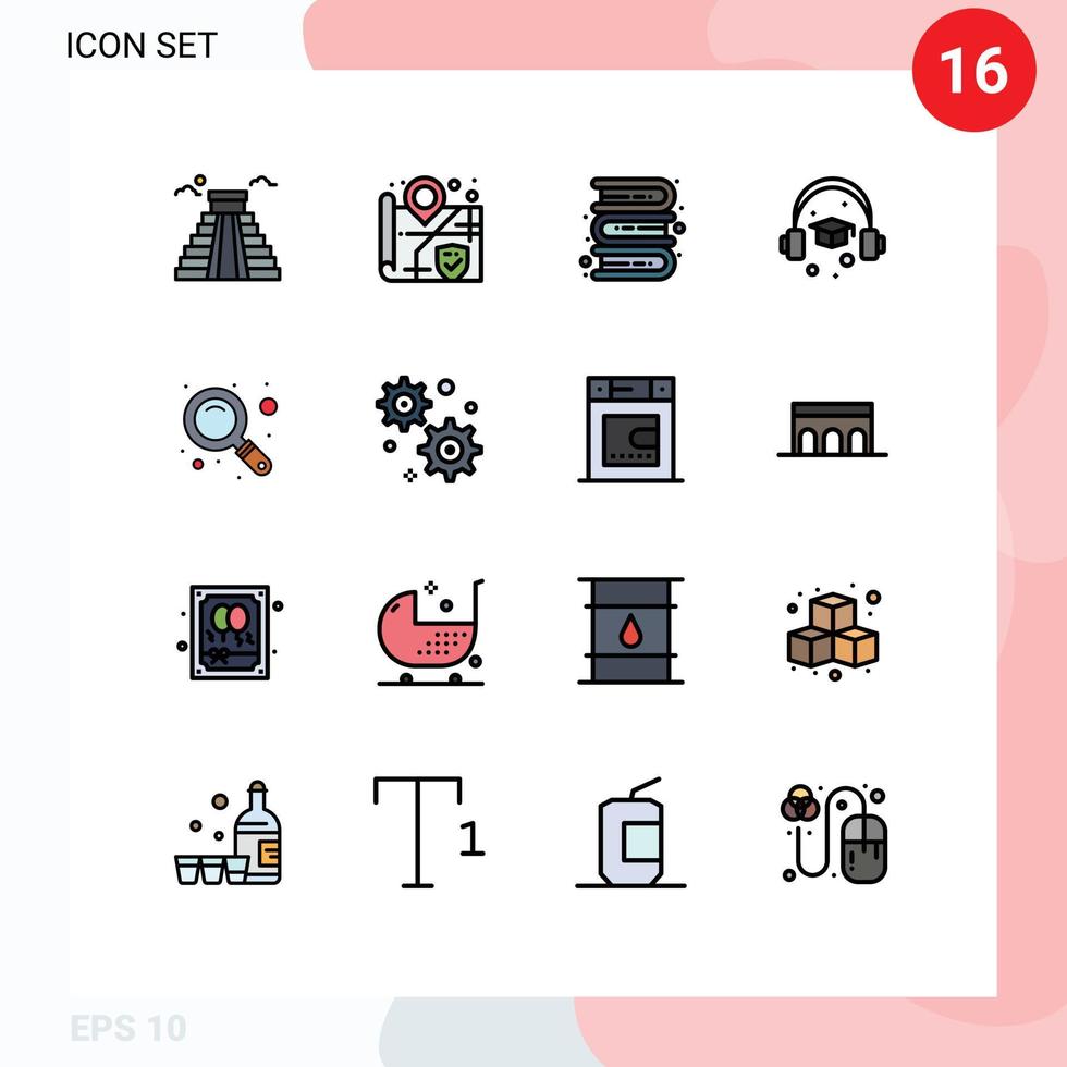 Modern Set of 16 Flat Color Filled Lines Pictograph of gear setting search education magnifier education Editable Creative Vector Design Elements