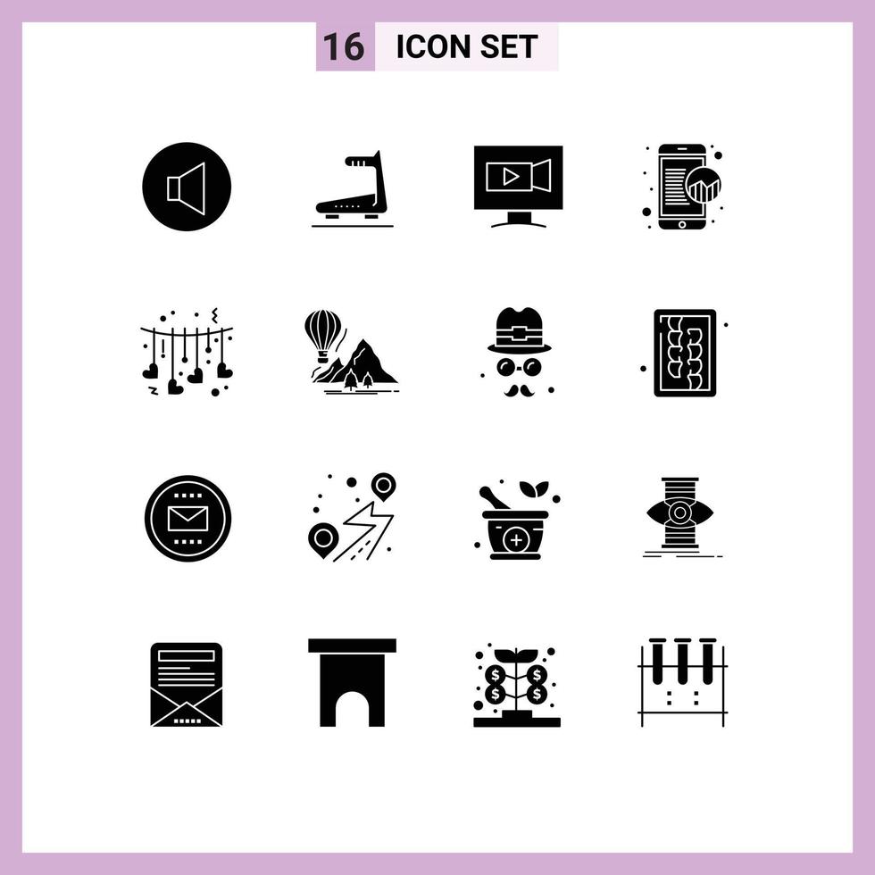 Pack of 16 creative Solid Glyphs of love hanging screen online data mobile Editable Vector Design Elements