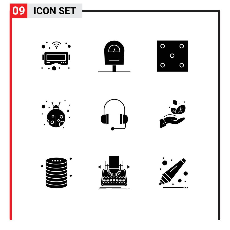 Editable Vector Line Pack of 9 Simple Solid Glyphs of grow support ludo headset beetle Editable Vector Design Elements
