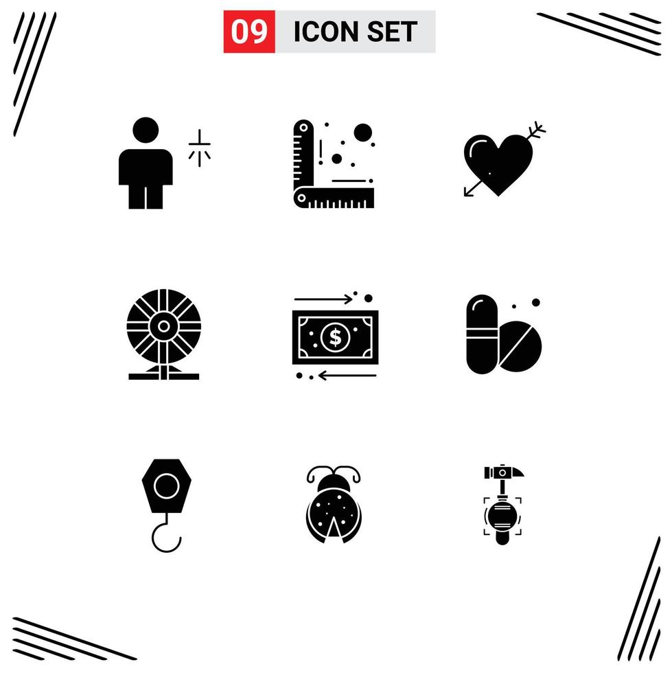 Mobile Interface Solid Glyph Set of 9 Pictograms of motion chemistry heart biology valentine Editable Vector Design Elements