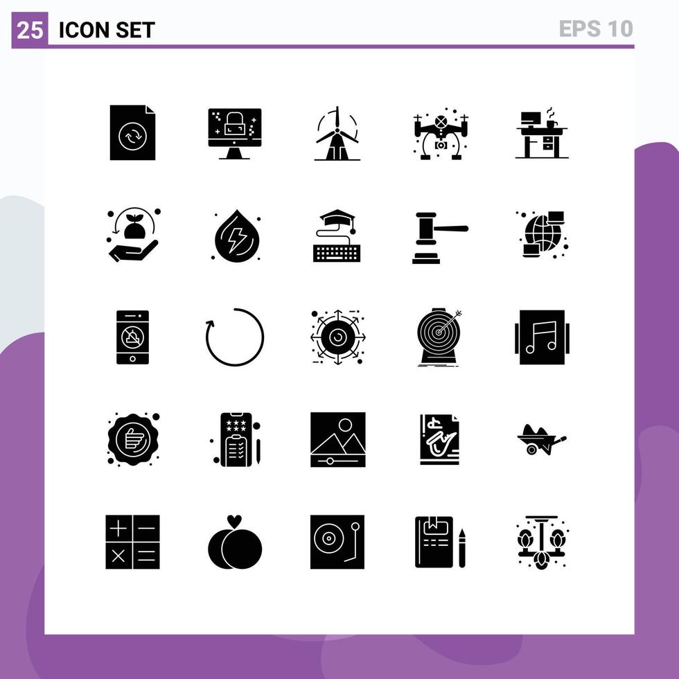 User Interface Pack of 25 Basic Solid Glyphs of office job energy camera hobbies Editable Vector Design Elements