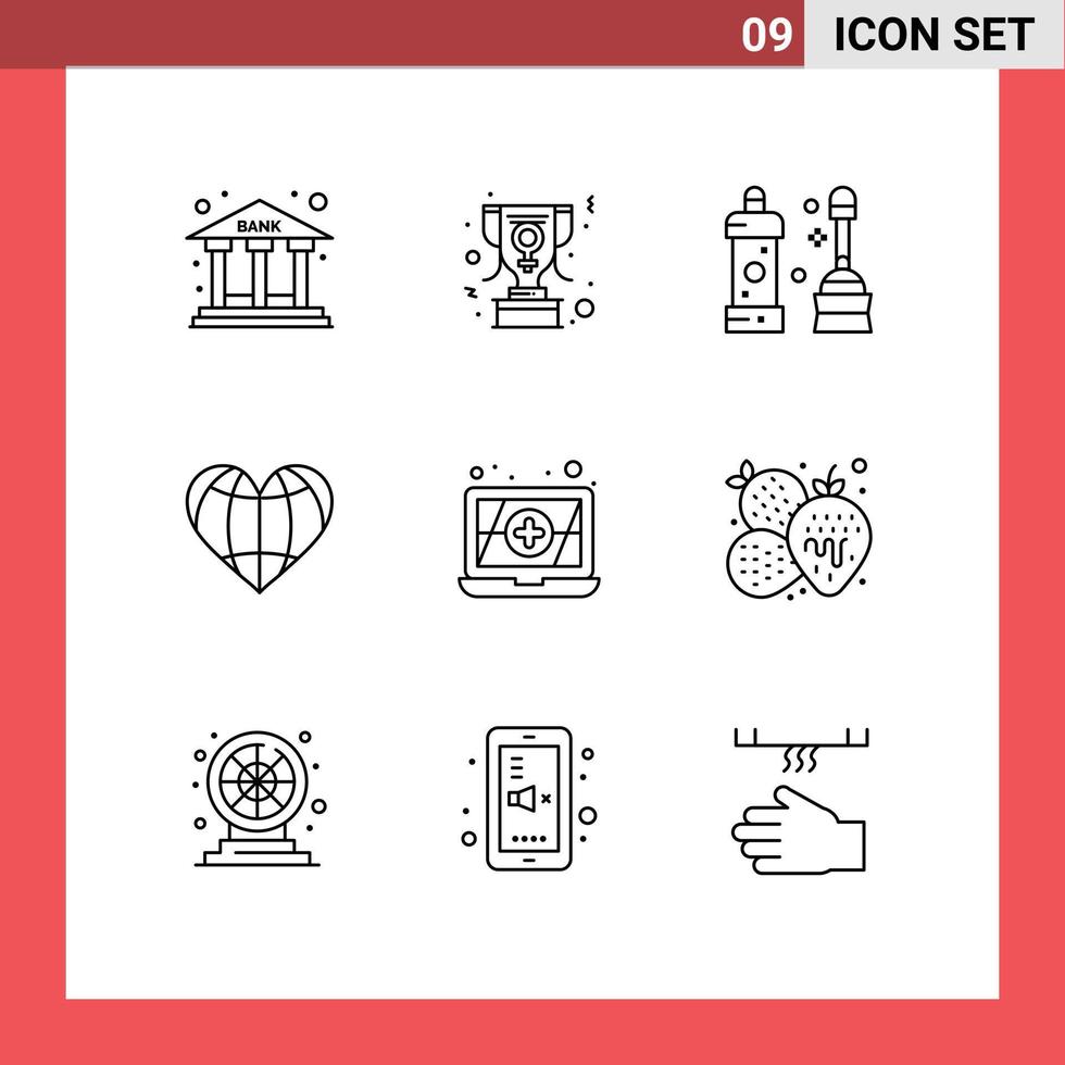 Group of 9 Outlines Signs and Symbols for antivirus favorite bathroom like heart Editable Vector Design Elements