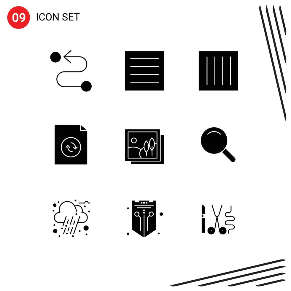 Set of 9 Vector Solid Glyphs on Grid for image frame clothing sync document Editable Vector Design Elements