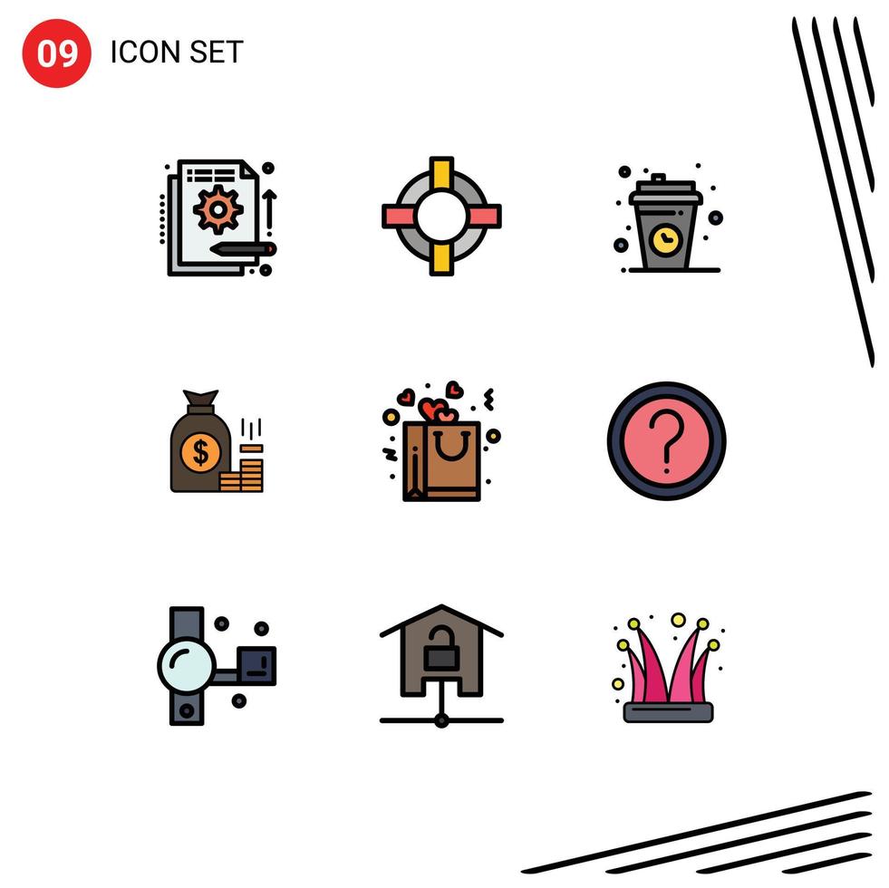 Group of 9 Filledline Flat Colors Signs and Symbols for gold bank break bag relax Editable Vector Design Elements