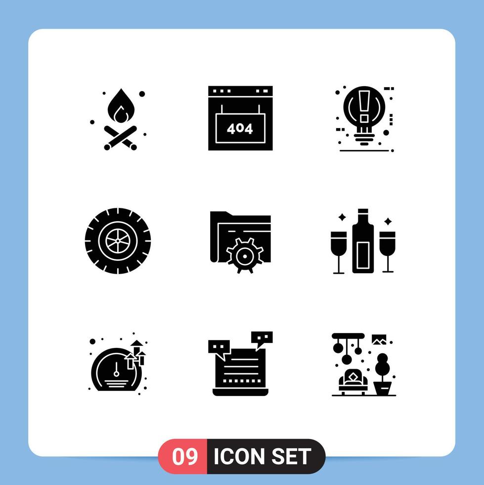 Mobile Interface Solid Glyph Set of 9 Pictograms of setting wheel bulb tire pause Editable Vector Design Elements