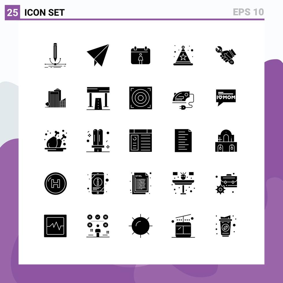 Group of 25 Modern Solid Glyphs Set for building tools female fix wrench Editable Vector Design Elements