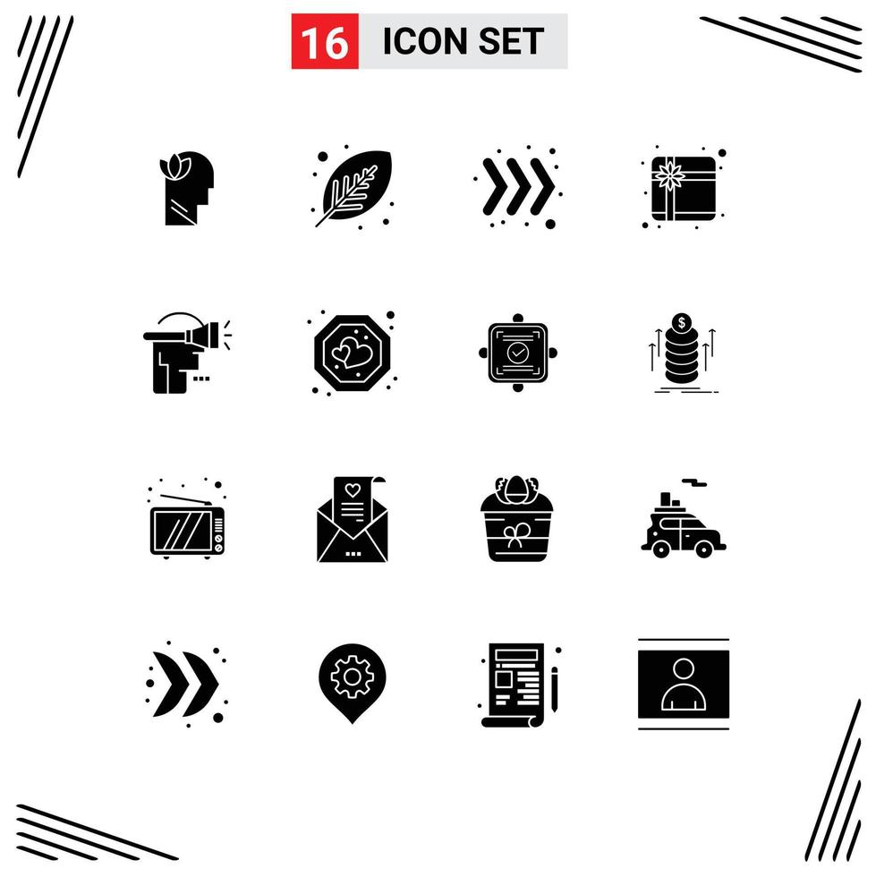 Group of 16 Solid Glyphs Signs and Symbols for technology head print present box Editable Vector Design Elements