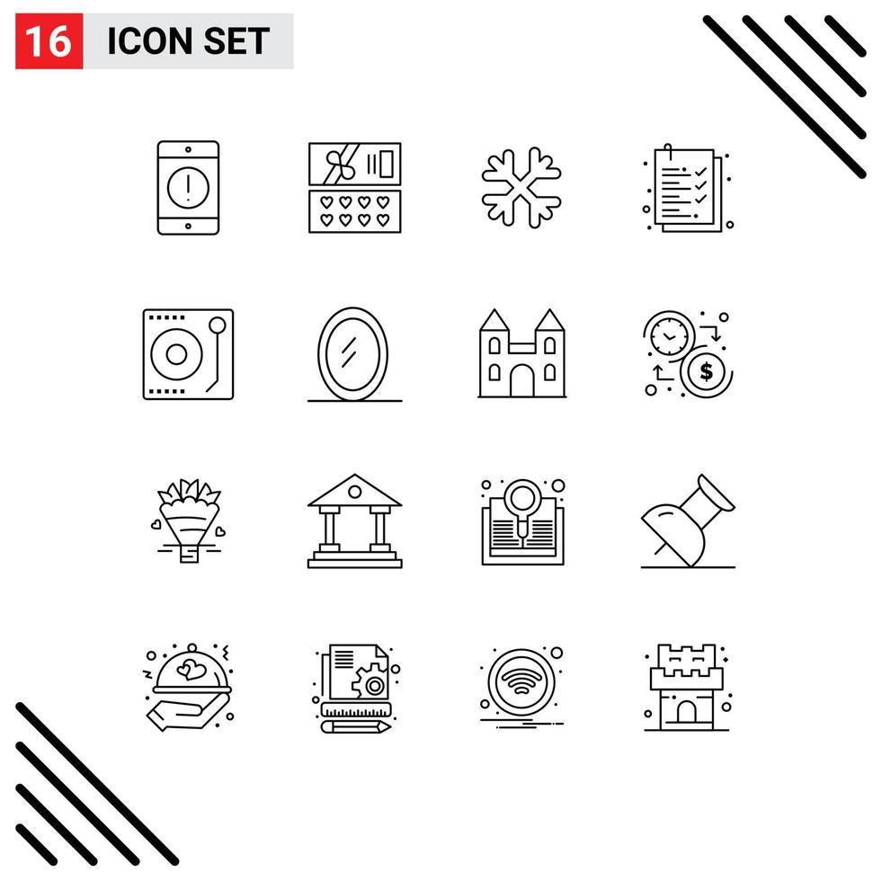 16 Thematic Vector Outlines and Editable Symbols of music audio snow list check list Editable Vector Design Elements