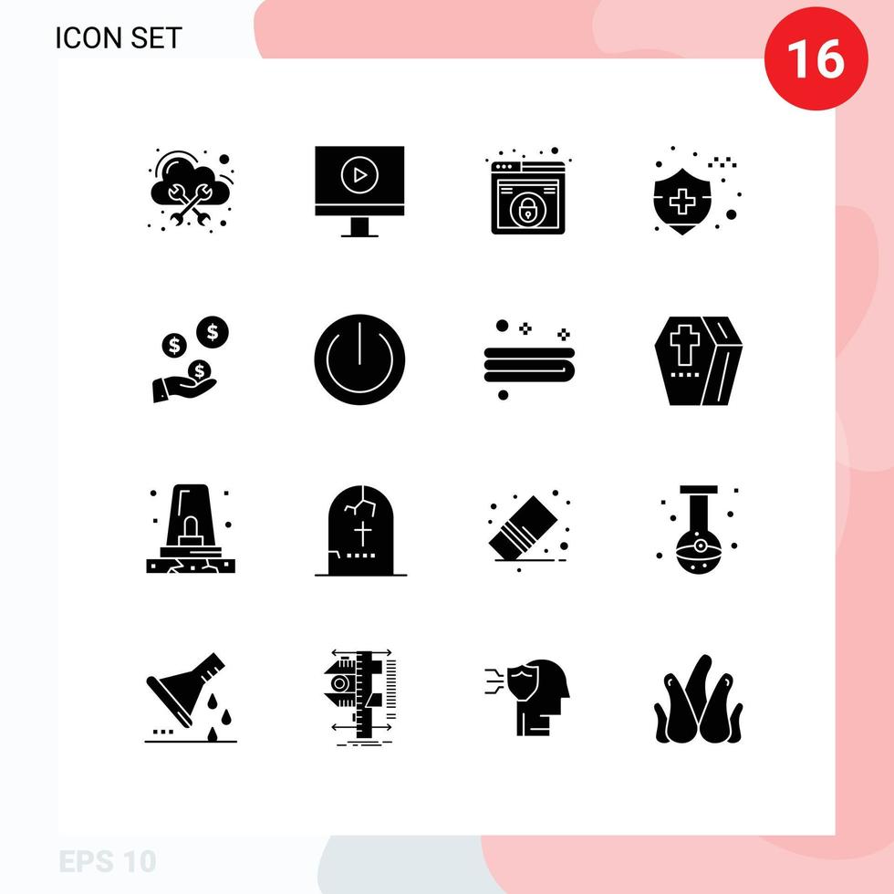 Modern Set of 16 Solid Glyphs and symbols such as industry hand lock fintech industry car insurance Editable Vector Design Elements